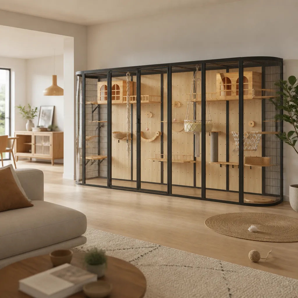 Mercury kattenvilla zwart – sfeerbeeld in moderne woonkamer met houten vloer, meerdere klimniveaus, macramé hangmand en ingebouwde verlichting