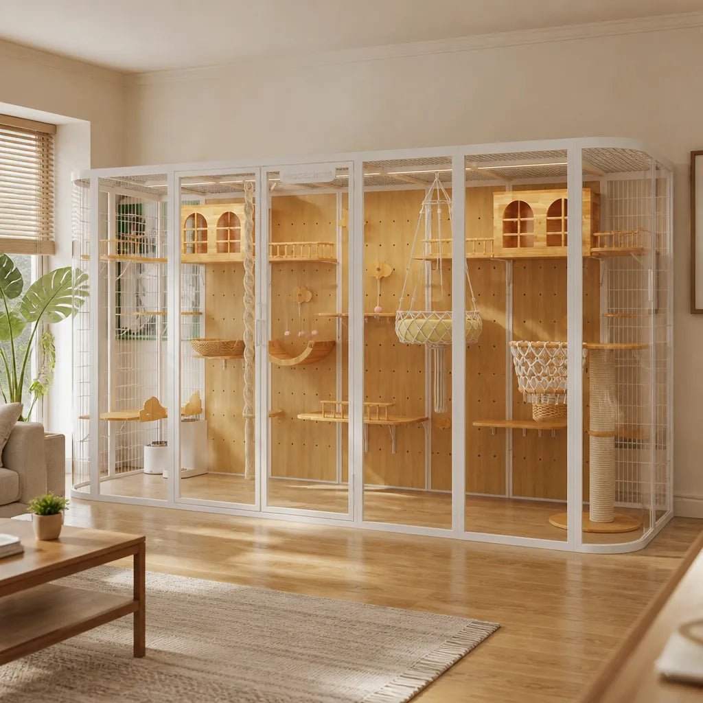  Mercury kattenvilla wit – sfeerbeeld in warme woonkamer met houten vloer, ingebouwde verlichting, macramé hangmand en krabpaal