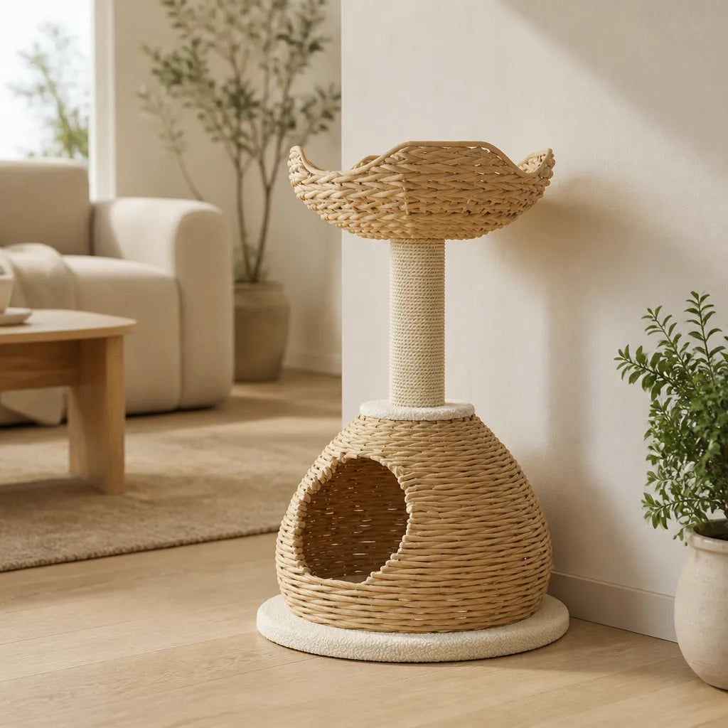 Weaving Tree House krabpaal – sfeerbeeld in lichte woonkamer met gevlochten kattenmeubel, sisalkrabpaal en ruime ligmand